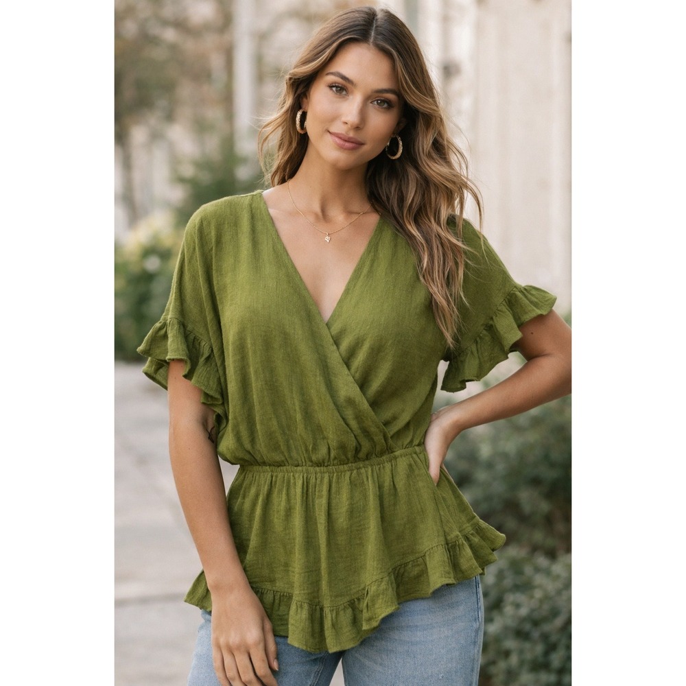 Cato‎ Womens Olive Green Ruffle Wrap Top V-Neck Textured Short Sleeve Medium NWT